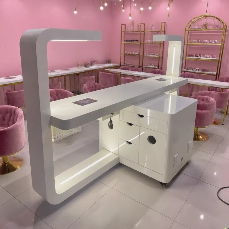 L-shape wooden manicure table in pink French style - Nova