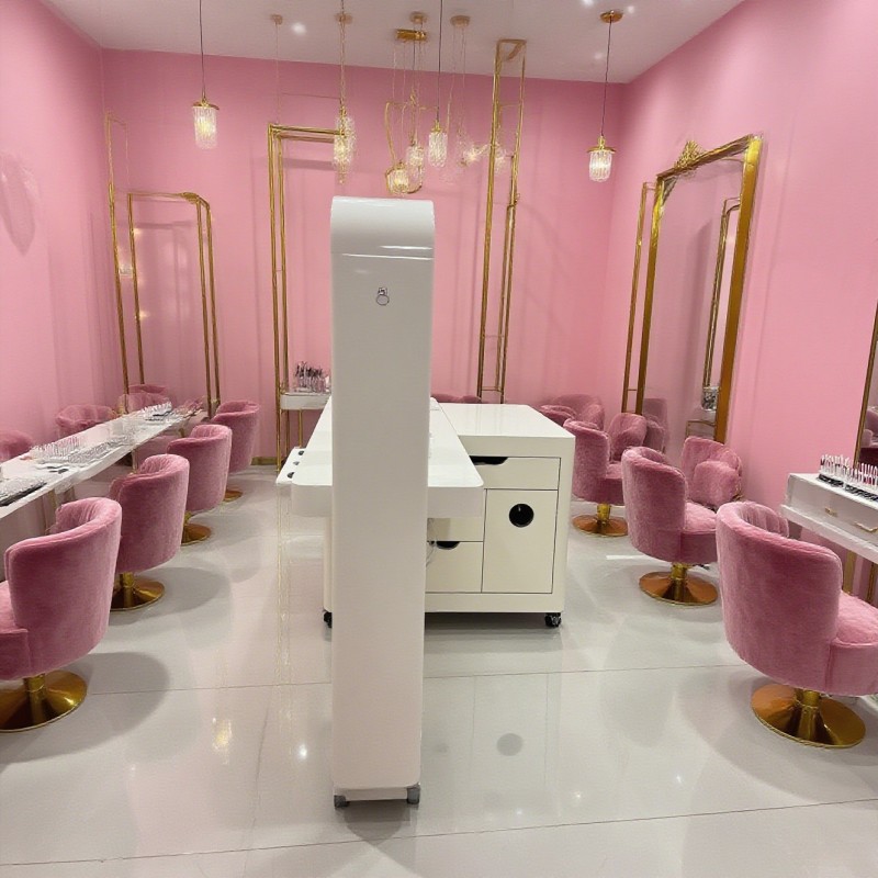Nova pink L-shape nail desk with French style design