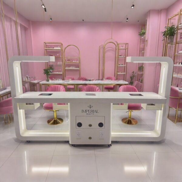 3 Side view of pink L-shape wooden manicure table - Nova