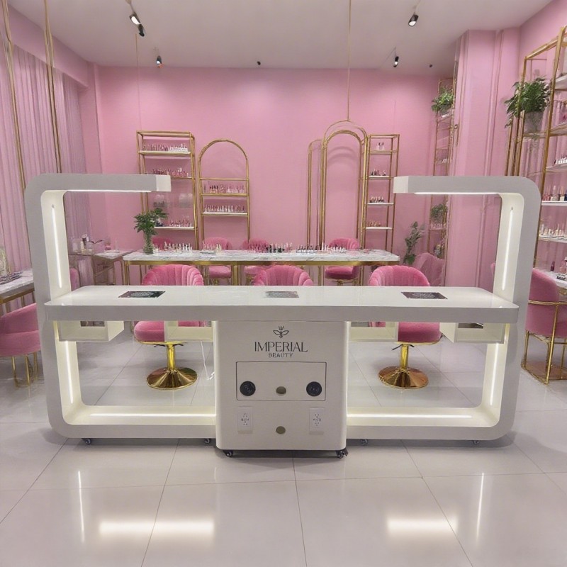 Side view of pink L-shape wooden manicure table - Nova