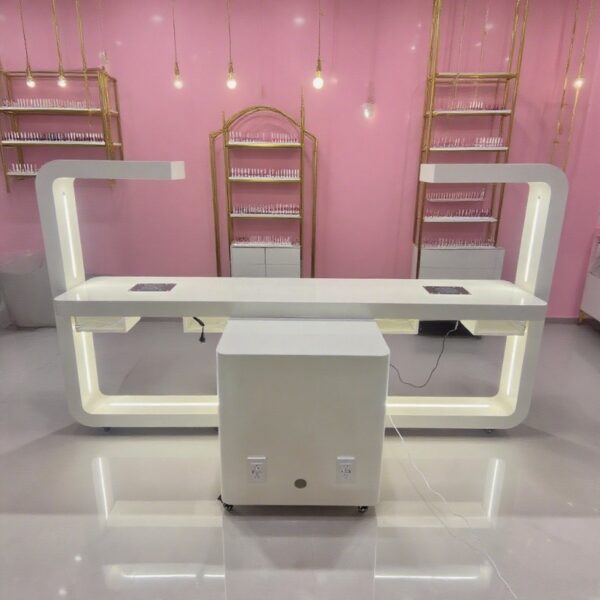 4 Pink French style nail table with L-shape design - Nova manicure station