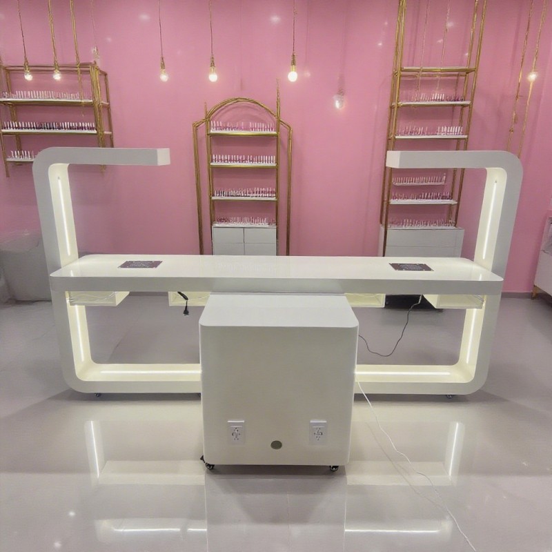Pink French style nail table with L-shape design - Nova manicure station