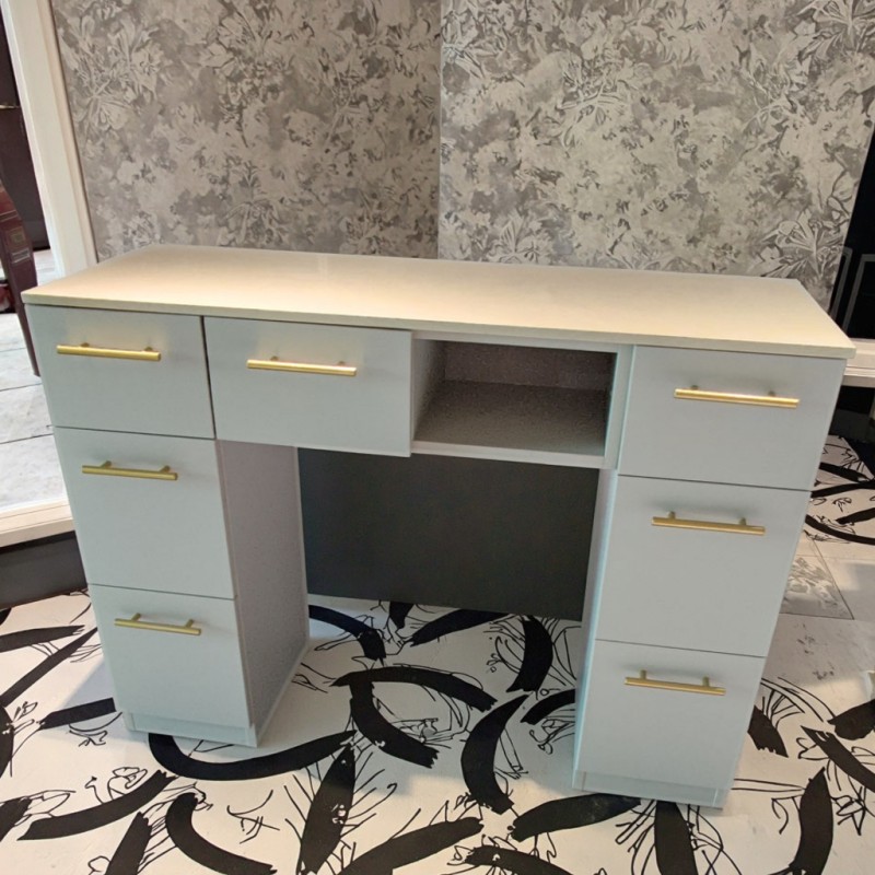 Nova white marble manicure station with multiple storage drawers