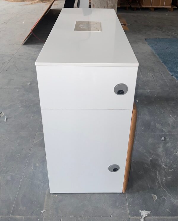 Side view of custom marble desktop nail table with cleaner - Nova