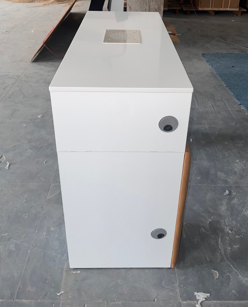 Side view of custom marble desktop nail table with cleaner - Nova