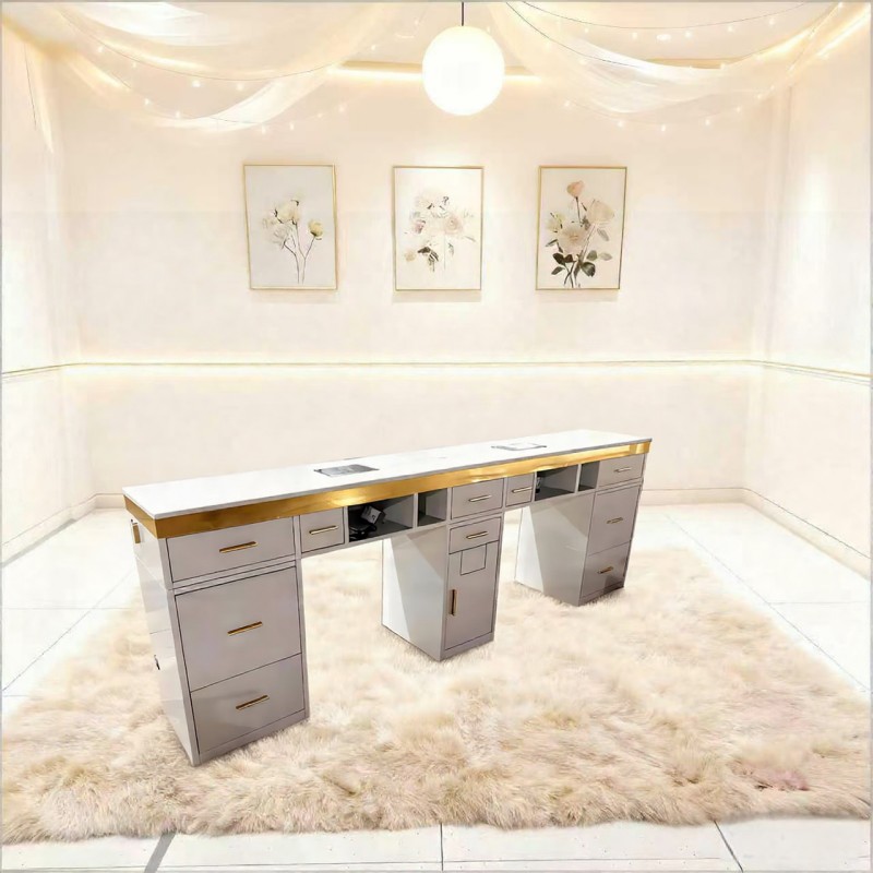 4 Nova double nail desk with white finish and ample storage space
