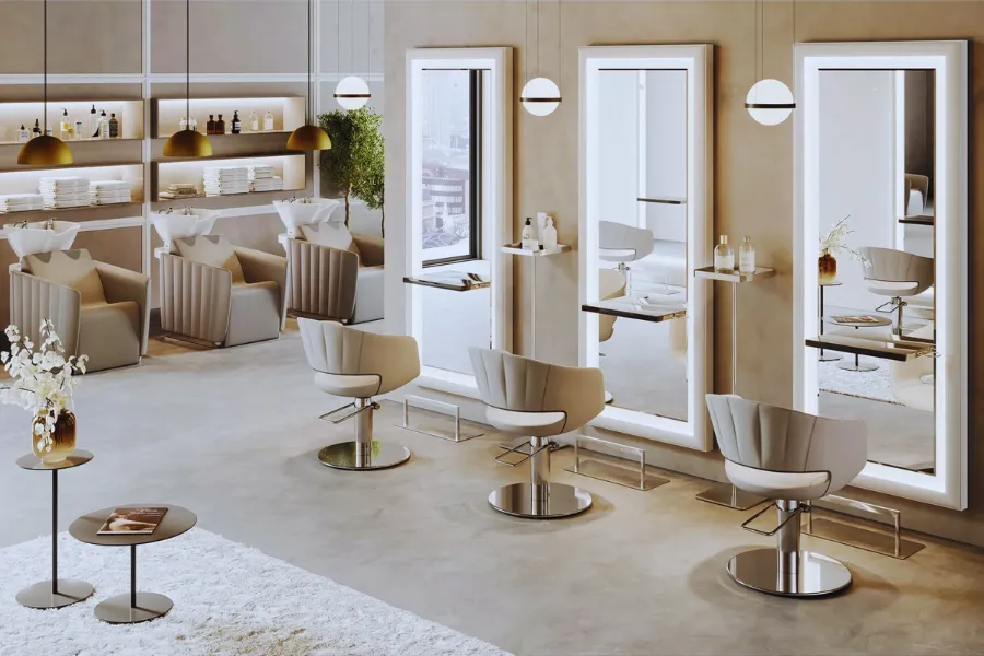 Salon Interior Design 2026 showcasing modern furniture, custom workstations, and durable materials