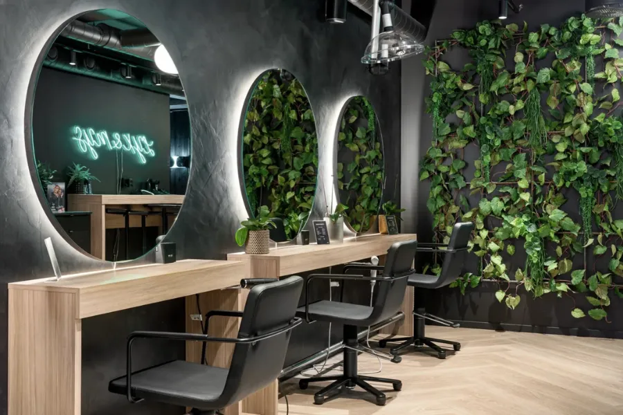 Salon Interior Design 2026 using earthy browns, greens, and warm neutral color palettes