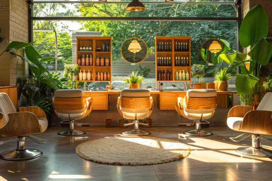 Salon Interior Design 2026 featuring sustainable materials, greenery, and eco-conscious layout