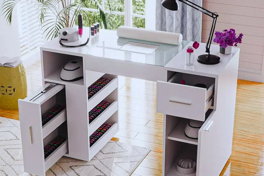 Manicure Table Buying Guide highlighting manicure tables with ventilation, power outlets, and storage