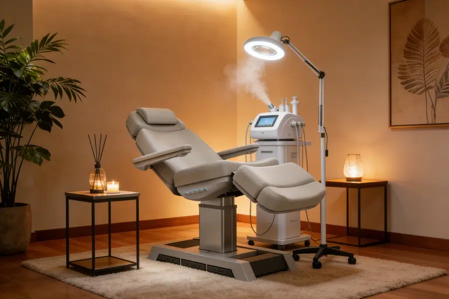 professional spa facial equipment including magnifying lamp and steam machine
