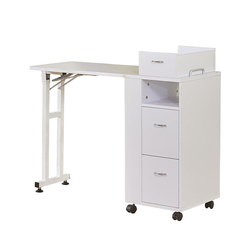 Side view of painted finish nail table with drawers - Nova salon furniture