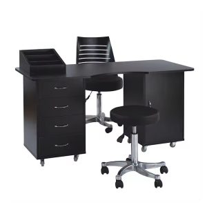 Nova modern manicure table with industrial wood and metal design
