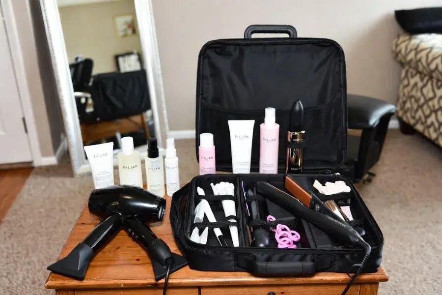 Mobile beauty salon offering services at home, showcasing portable equipment and the convenience of beauty services on the go