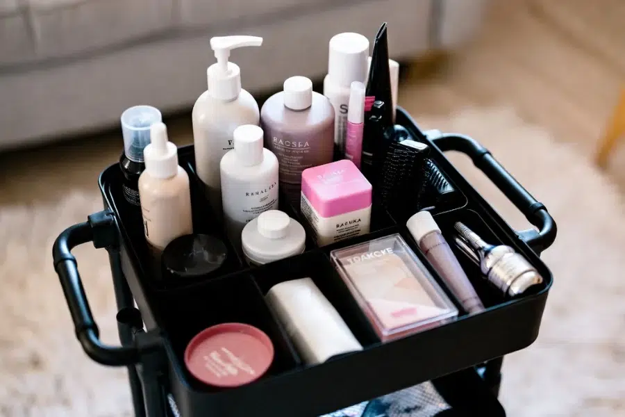 Portable storage cart in a mobile beauty salon, organizing tools and equipment for efficient salon operations.