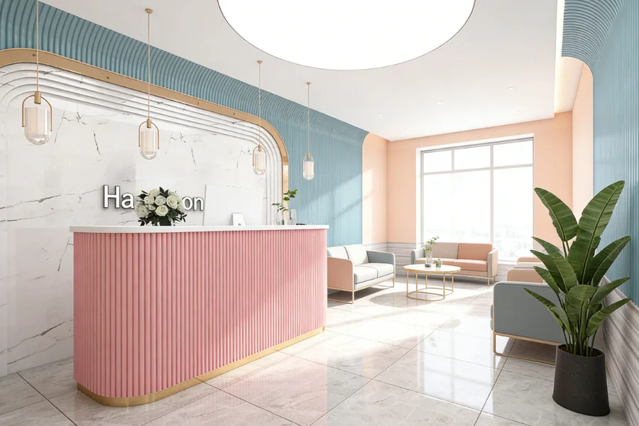 salon reception desk size and layout with waiting area and client flow