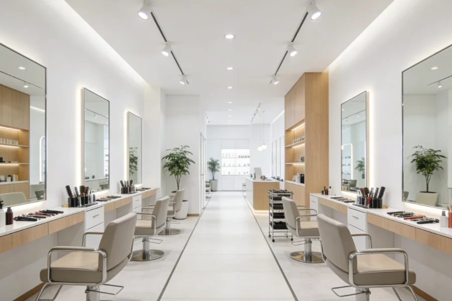 comparison of salon layout types including open, narrow, and multi-zone designs