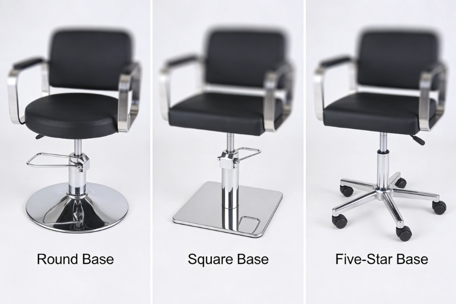 Different types of salon styling chair bases including round, square, and five-star base designs