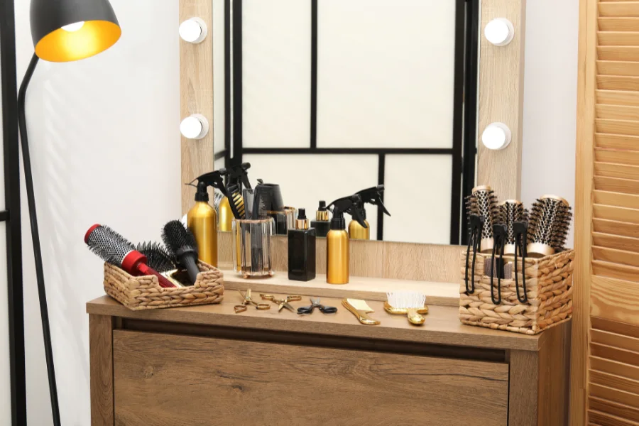 hair salon station storage drawers outlets and tool holders