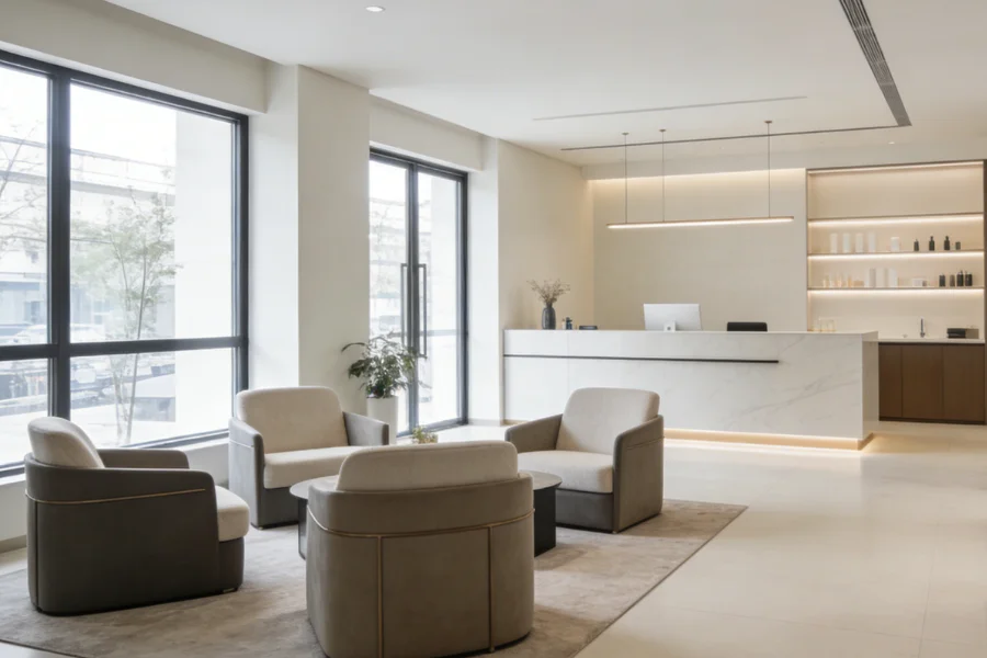 salon waiting area design with modern seating layout and reception desk
