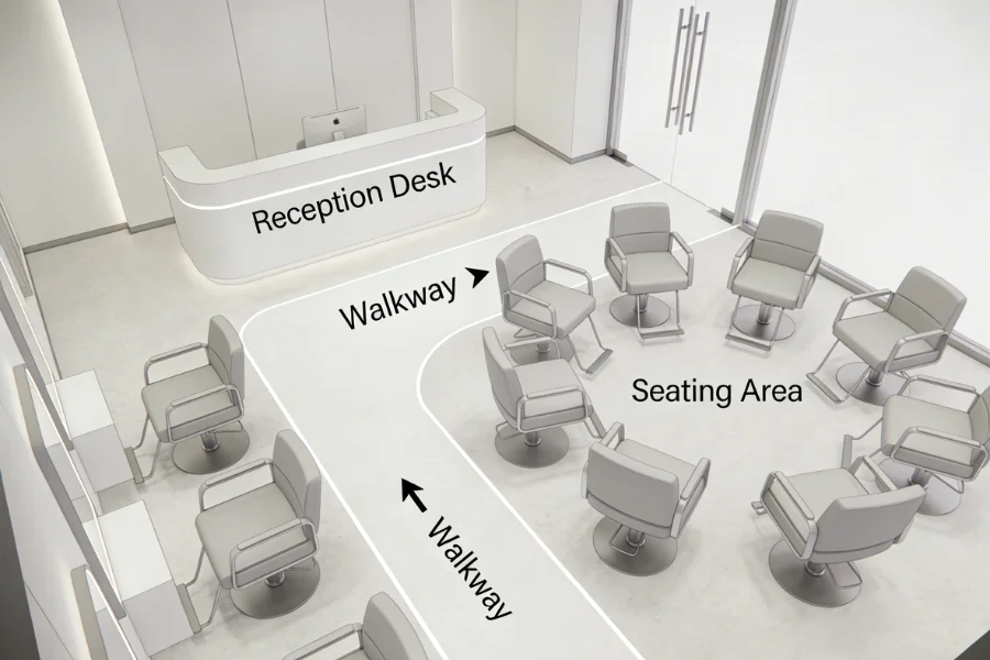 salon waiting area layout with clear walkway and reception desk flow