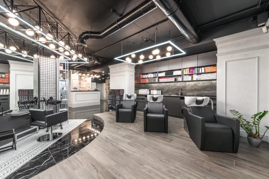 salon furniture supporting salon aesthetic including styling chairs shampoo beds and mirrors