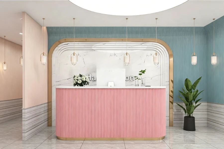 pink reception area salon waiting space with blush seating and neutral flooring