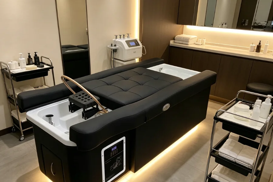 head spa salon setup with shampoo bed and professional equipment