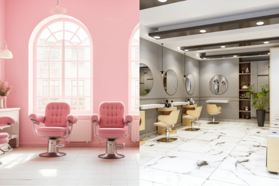 salon interior before and after using pink color for warmer atmosphere