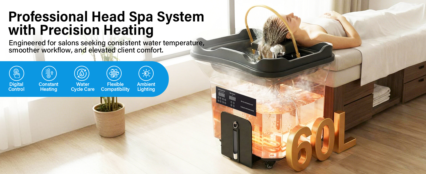 Nail Professional Head Spa Equipment with Thermostatic Waterfall Circulation, 60L Water Tank, Mobile Shampoo Basin with Steam & LED Therapy for Salon Scalp Care (Black)