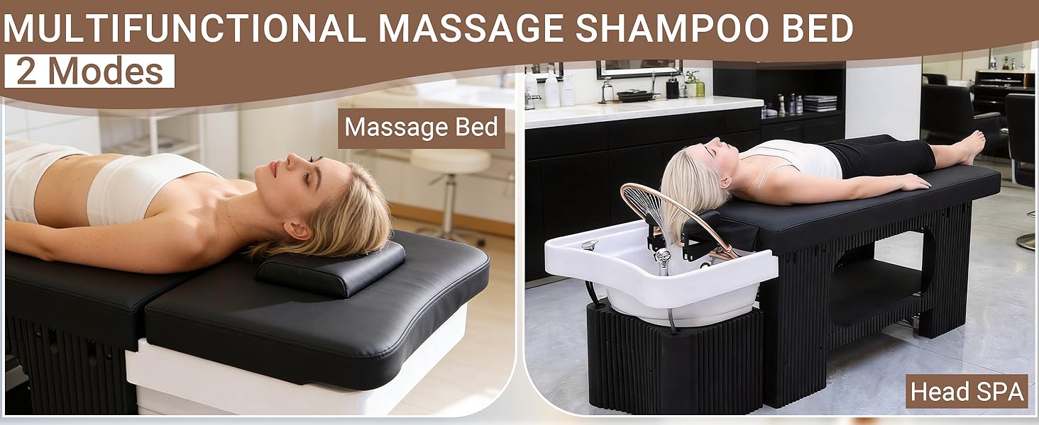 STLWR Massage Table with Shampoo Bowl Massage Bed, with U-Shape Water Massage Shampoo Backwash Unit & Cover Pillow Fumigation LED Scalp Care Light System, Head Spa Massage Bed for Barber Shop