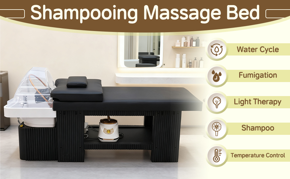 Head Spa Bed, Head Care Shampoo Bed with Acrylic Shampoo Bowl, Multi-Functional Massage Table, Supports Fumigation and Light Therapy, for Barber, Thai Massage Beauty Salon (Plastic Frame)