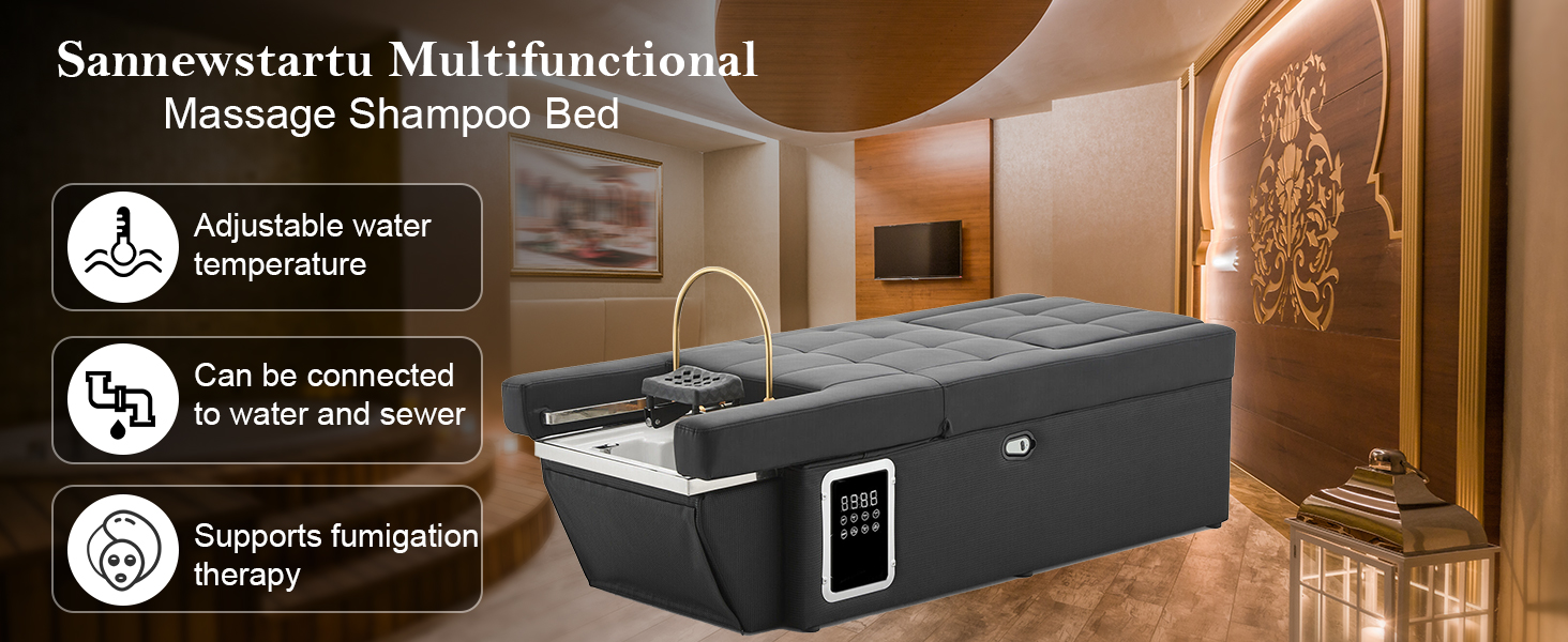 Sannewstartu Massage Bed with Shampoo Bowl - Professional Head Spa Equipment for Beauty Salons, Adjustable Backwash Unit with Foot Bath Function, Beauty Bed, Black