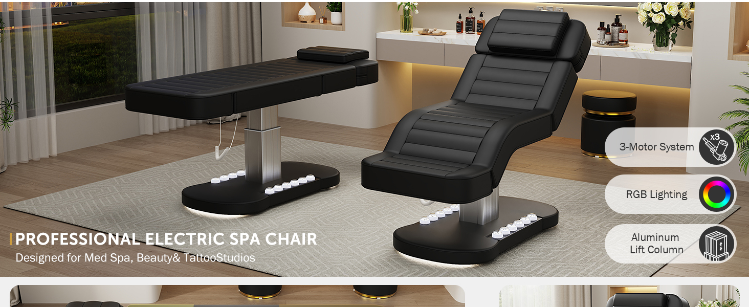 Fully Electric Spa Table Chair with LED Light, 3 Motor Height, Backrest, Leg Support Adjustable for Massage, Facial, Medical, Tattoo, Waxing, Eyelash Extension, Beauty Salon and More - Black