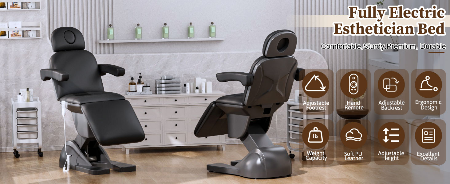 3 Motor Electric Esthetician Bed, Fully Electric Facial Chair with Adjustable Height, Backrest and Footrest, Spa Chair with Armrest & Heavy Duty Base, PU Leather for Spa, Tattoo, Eyelash and So On