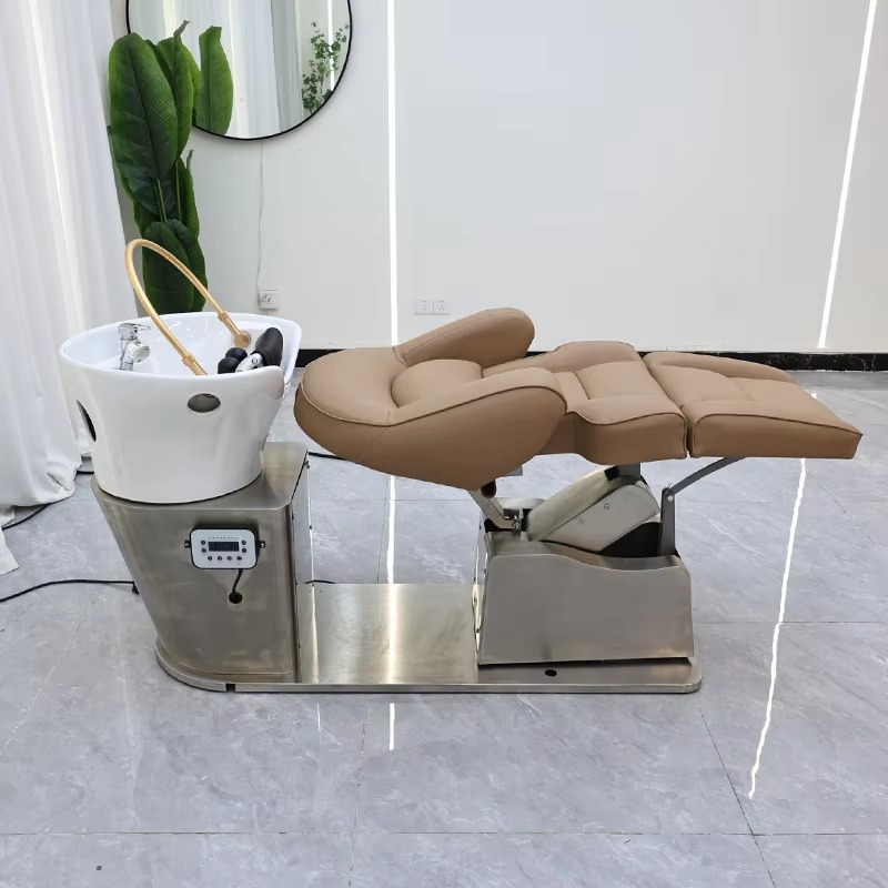 Luxury Silver Stainless Steel Base Electric Reclining Washing Chair Bed Modern Multifunction Barber Shop Swivel Shampoo Chair