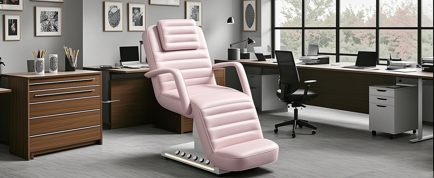 Electric Massage Table with LED Light, Adjustable Facial Bed with Foot Control for Spa, Tattoo, Waxing, and Eyelash Extension, Removable Headrest and Armrest, 90° Back & Leg Adjustment (Pink)