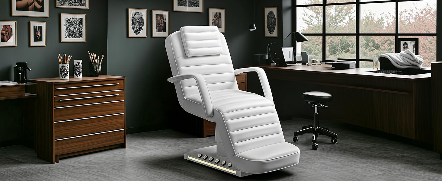 Electric Massage Table with LED Light, Adjustable Facial Bed with Foot Control for Spa, Tattoo, Waxing, and Eyelash Extension, Removable Headrest and Armrest, 90° Back & Leg Adjustment (White)