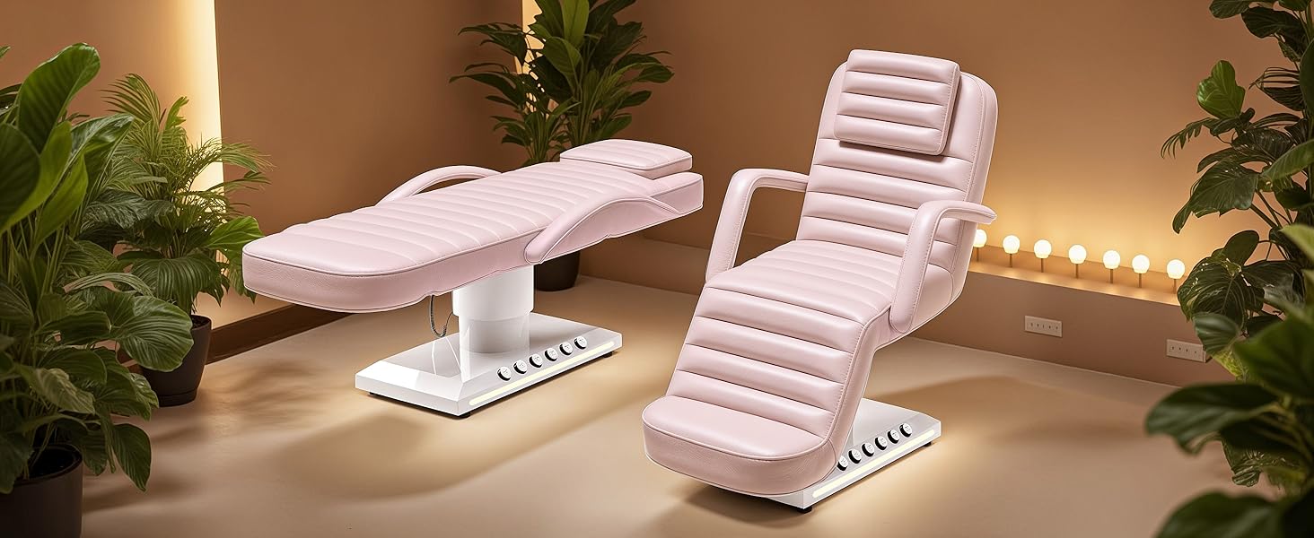 Electric Massage Table with LED Light, Adjustable Facial Bed with Foot Control for Spa, Tattoo, Waxing, and Eyelash Extension, Removable Headrest and Armrest, 90° Back & Leg Adjustment (Pink)