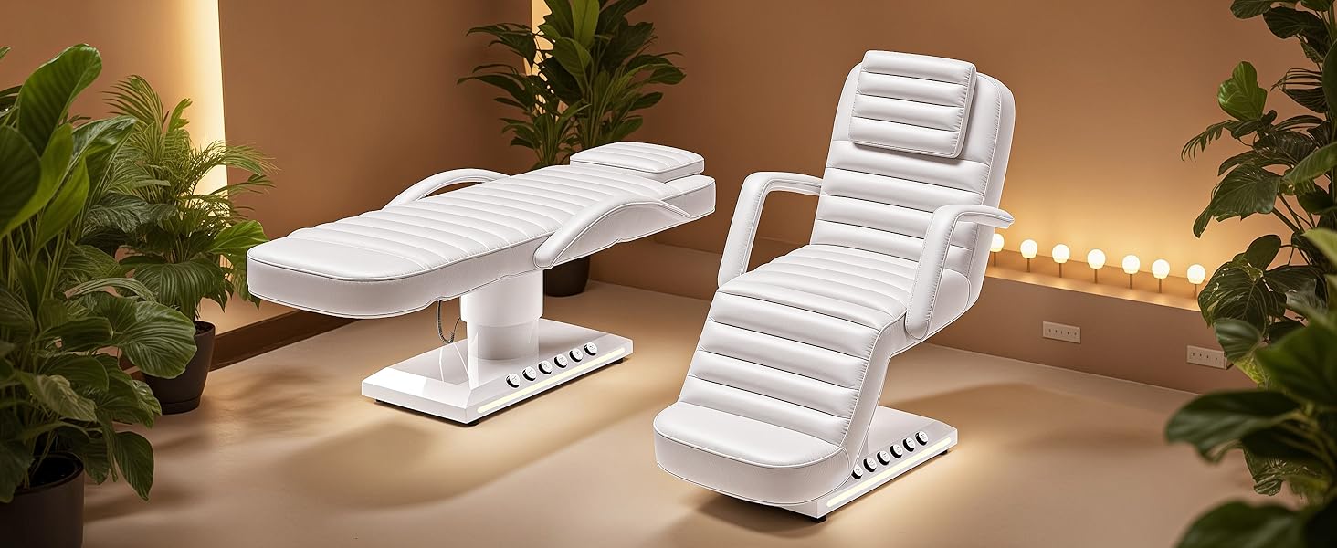 Electric Massage Table with LED Light, Adjustable Facial Bed with Foot Control for Spa, Tattoo, Waxing, and Eyelash Extension, Removable Headrest and Armrest, 90° Back & Leg Adjustment (White)