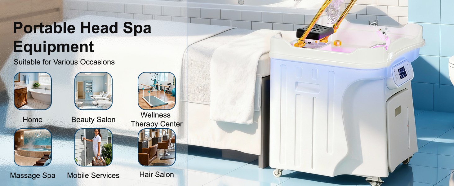 TooMiMo Japanese Head Spa Equipment, Portable Bed with Height-Adjustable Water Circulation, 58% Energy Saving (1600W), IPX4 Protection, 25L Waste Tank for Home Salon Scalp Care