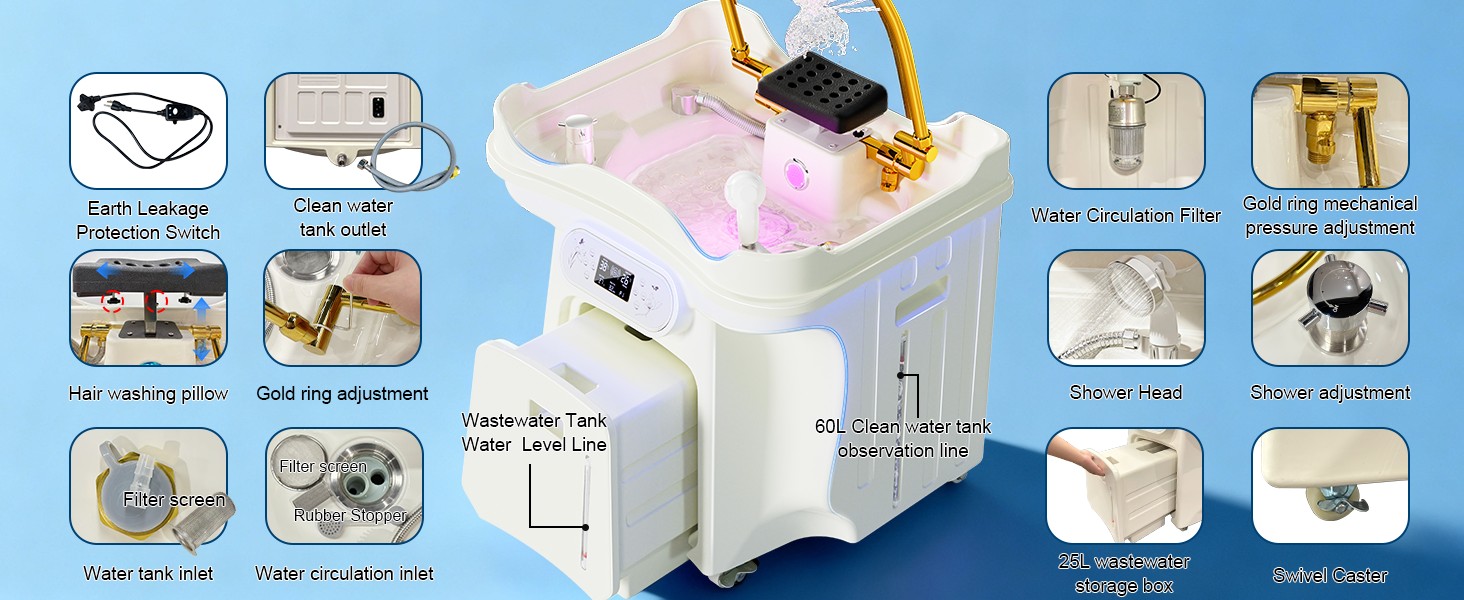 TooMiMo Japanese Head Spa Equipment, Portable Bed with Height-Adjustable Water Circulation, 58% Energy Saving (1600W), IPX4 Protection, 25L Waste Tank for Home Salon Scalp Care