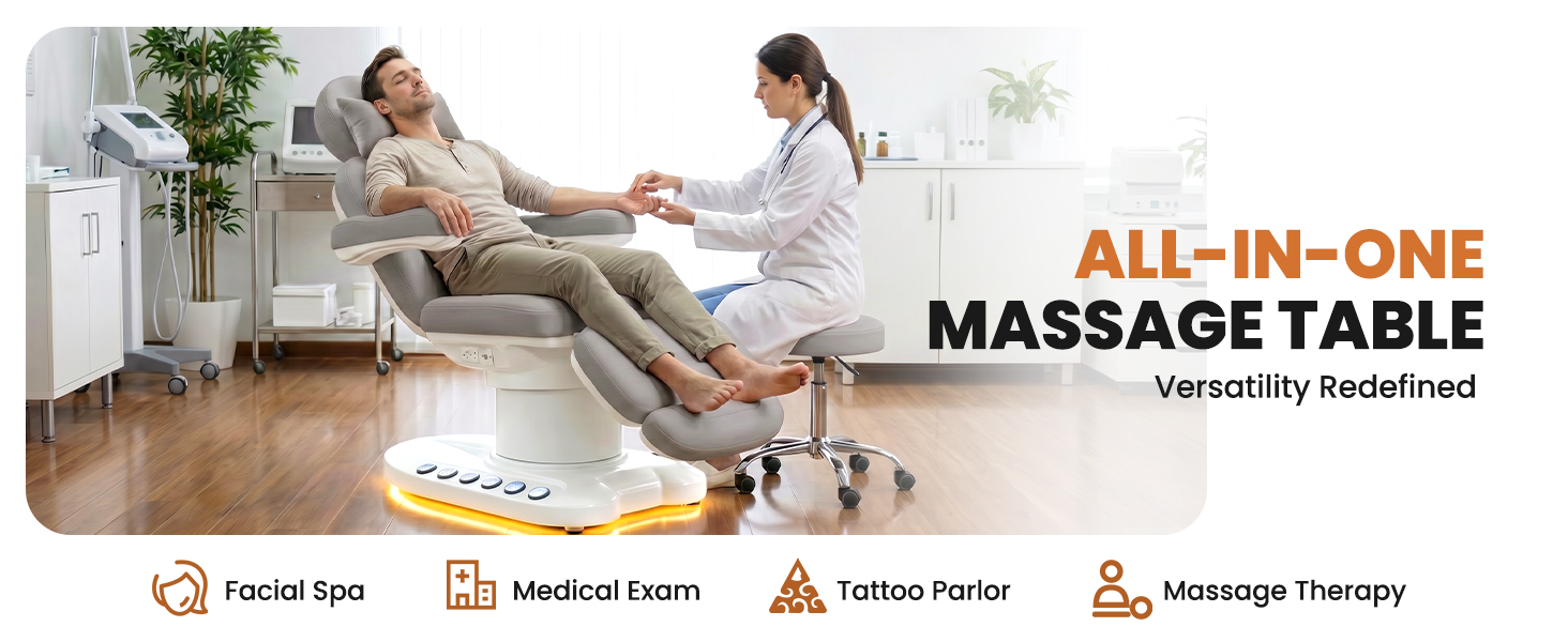 Oakvera Fully Electric Massage Table with 3 Motors, Professional Esthetician Bed with LED Light, Height, Length & Angle Adjustable Beauty Spa Bed for Facial & Medical, Stool Included, Grey