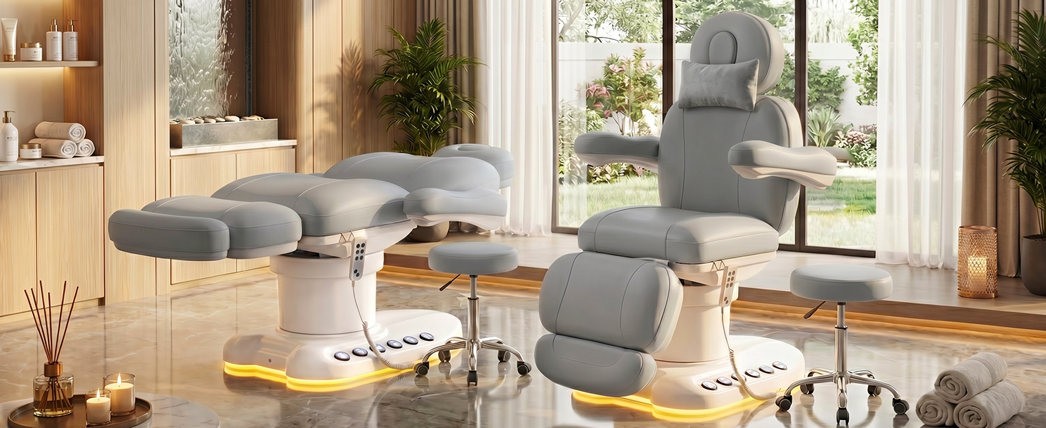Oakvera Fully Electric Massage Table with 3 Motors, Professional Esthetician Bed with LED Light, Height, Length & Angle Adjustable Beauty Spa Bed for Facial & Medical, Stool Included, Grey