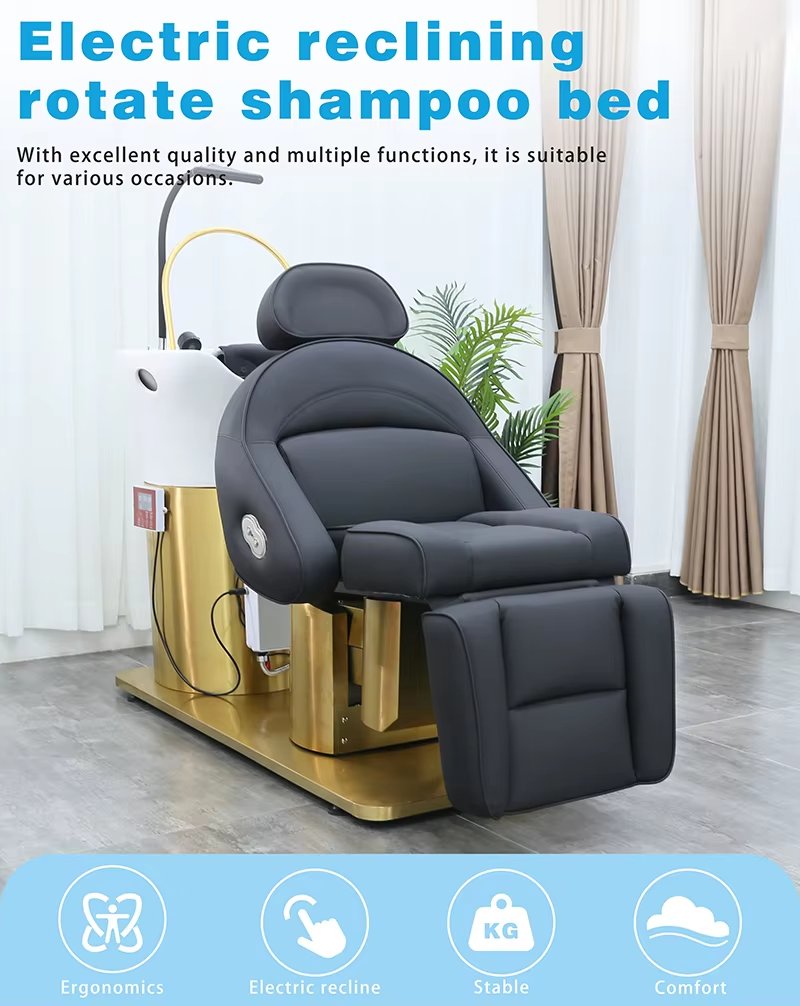 Luxury Gold Stainless Steel Base Electric Reclining Washing Chair Bed Modern Rotation Barbershop Furniture Shampoo Chair