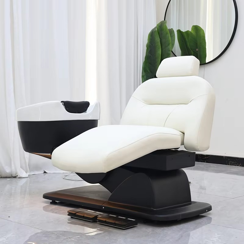 Modern Rotation Barber Shop Furniture Washing Bed Luxury Multifunction Reclining Electric Head Spa Shampoo Chair with Lights