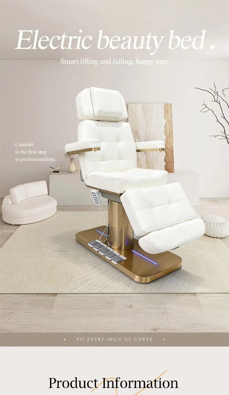 Modern White Gold Beauty Salon Furniture 3 Motors Massage Table and Bed Luxury Electric Extension Facial Spa Chair Bed