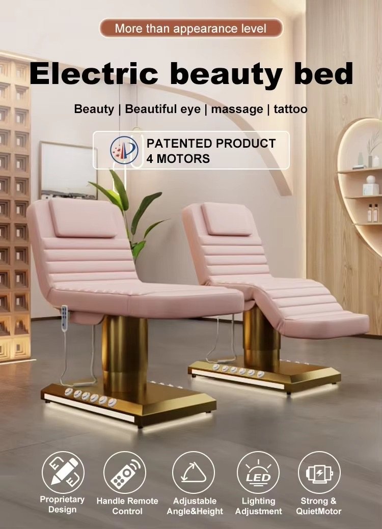Modern White Gold Esthetician Curve Beauty Salon Bed Luxury Foot Control 3 Motors Electric Facial Spa Massage Table Lash Bed