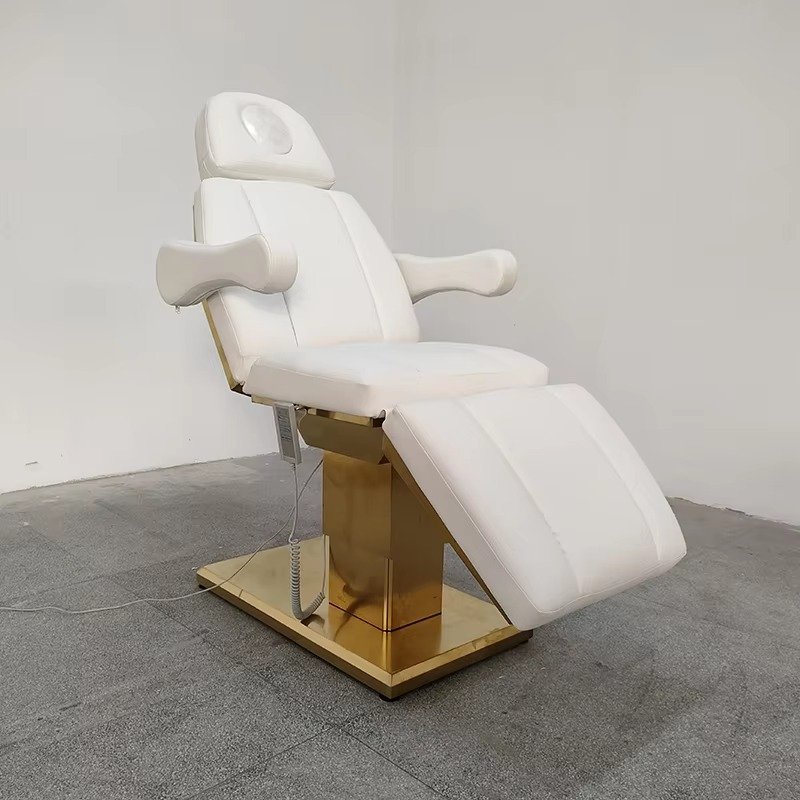 Modern White Gold Stainless Steel Base Leather Facial Spa Massage Table 3 Motor Electric Luxury Lash Bed