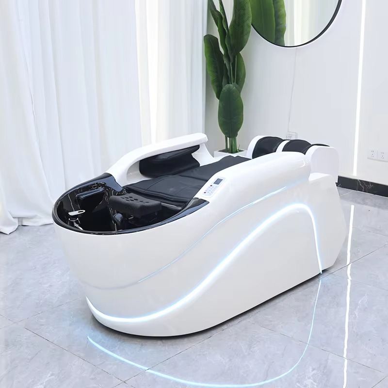 Multifunction Barbershop Equipment Head Therapy Washing Bed Modern Luxury Beauty Salon Electric Massage Shampoo Bed with Lights